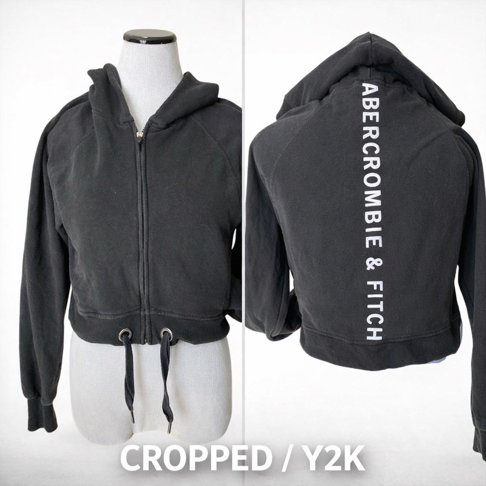 Y2K Abercrombie & Fitch Cropped Micro Hoodie Size XS Black Back Spellout Logo